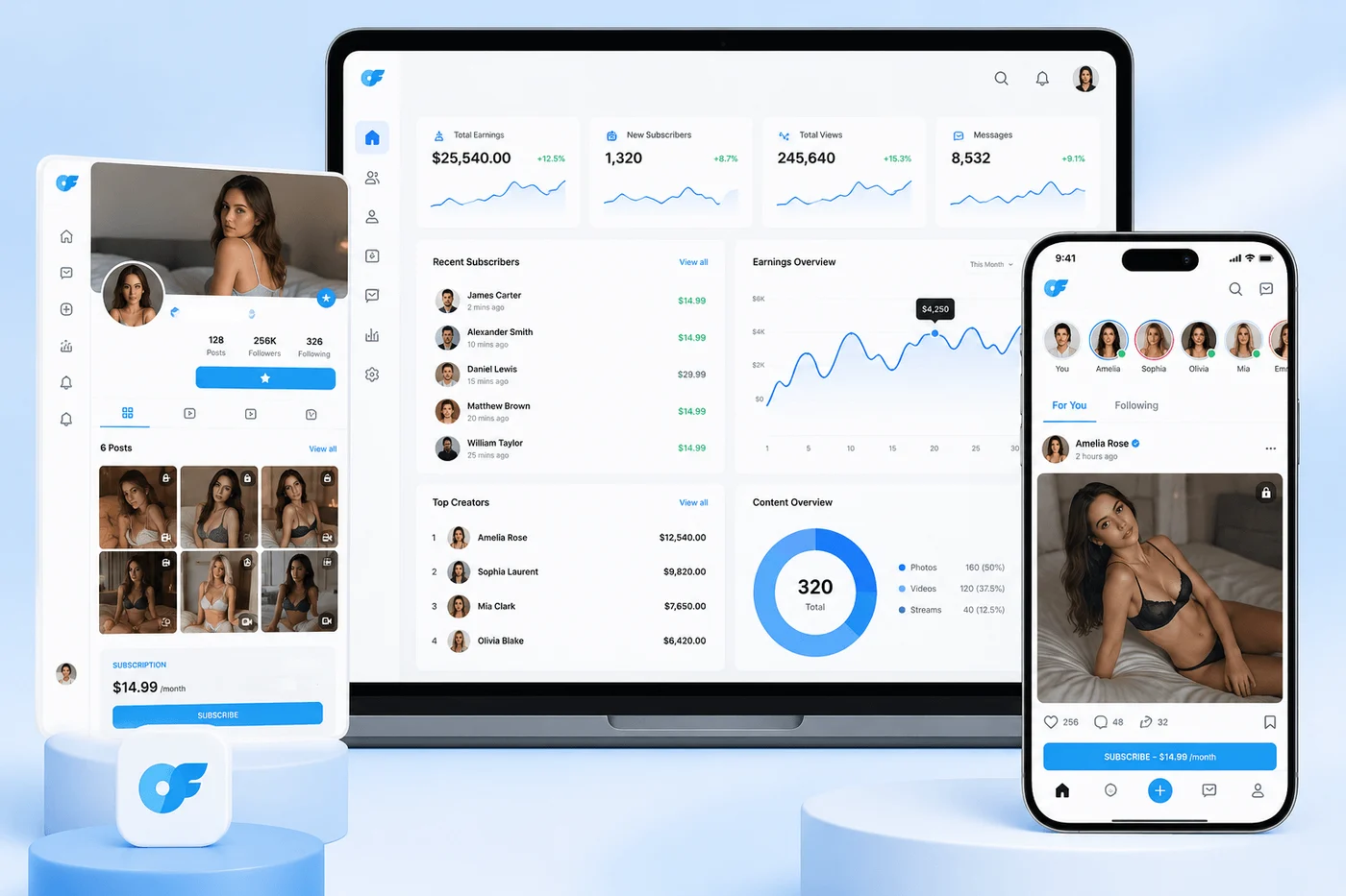 OnlyFans clone app development shown on tablet, laptop and mobile — a white label OnlyFans app