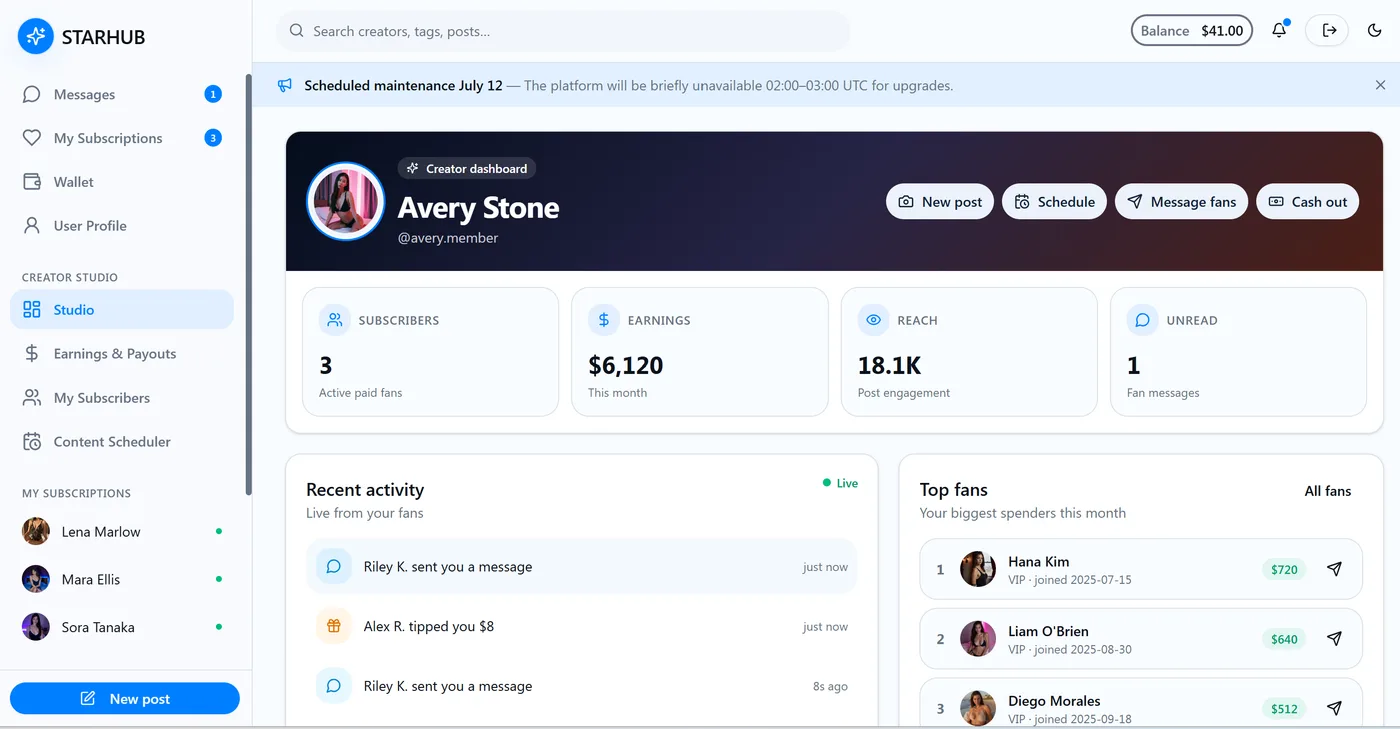 OnlyFans clone creator studio dashboard with subscribers, earnings, reach and live fan activity