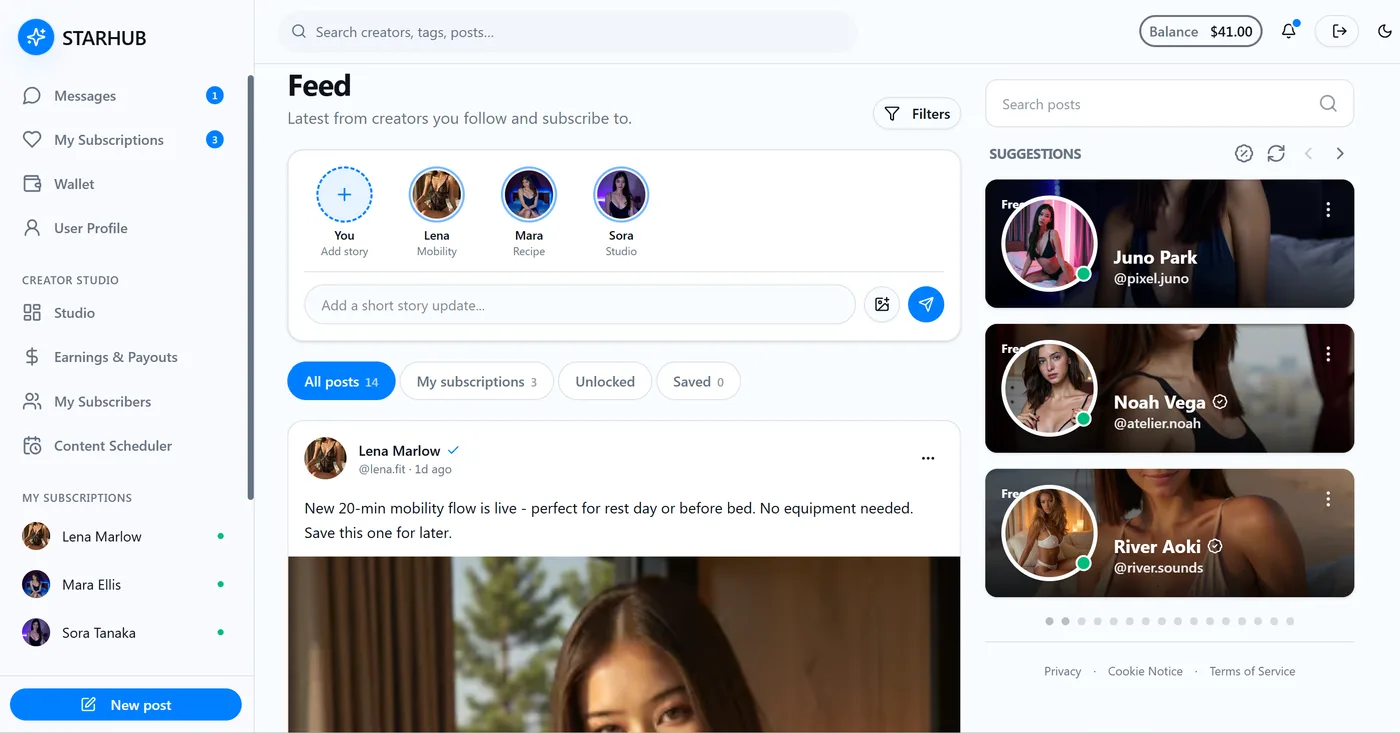 OnlyFans clone fan feed with creator posts, stories and subscriptions