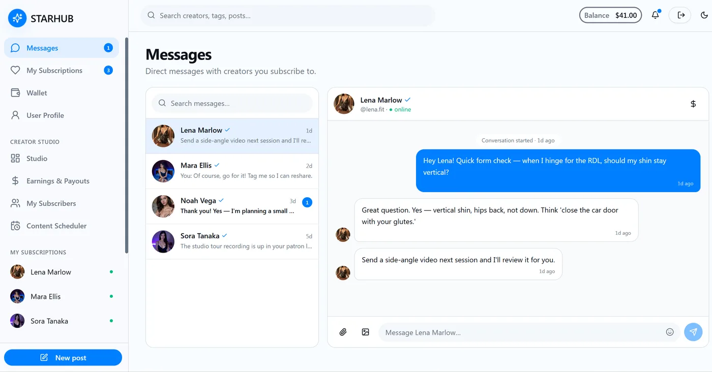 OnlyFans clone direct messages for private fan to creator chat